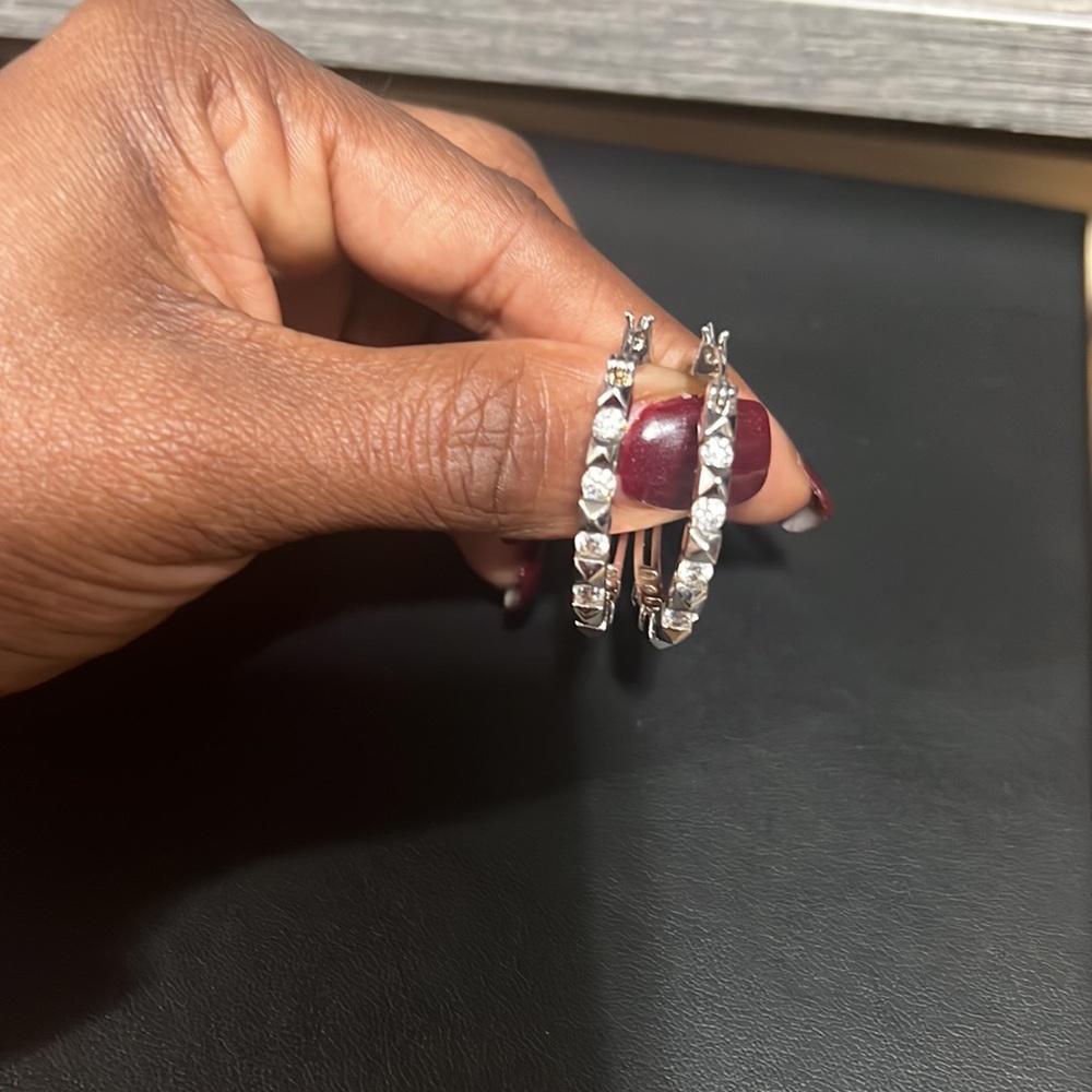 Sterling Silver Rhinestone Hoop Earrings - Picture 5 of 6